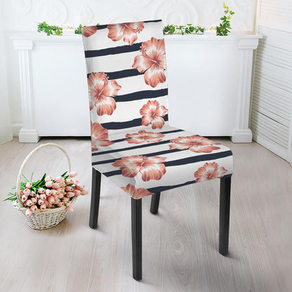 Pink Hibiscus Striped Pattern Print Dining Chair Slipcover