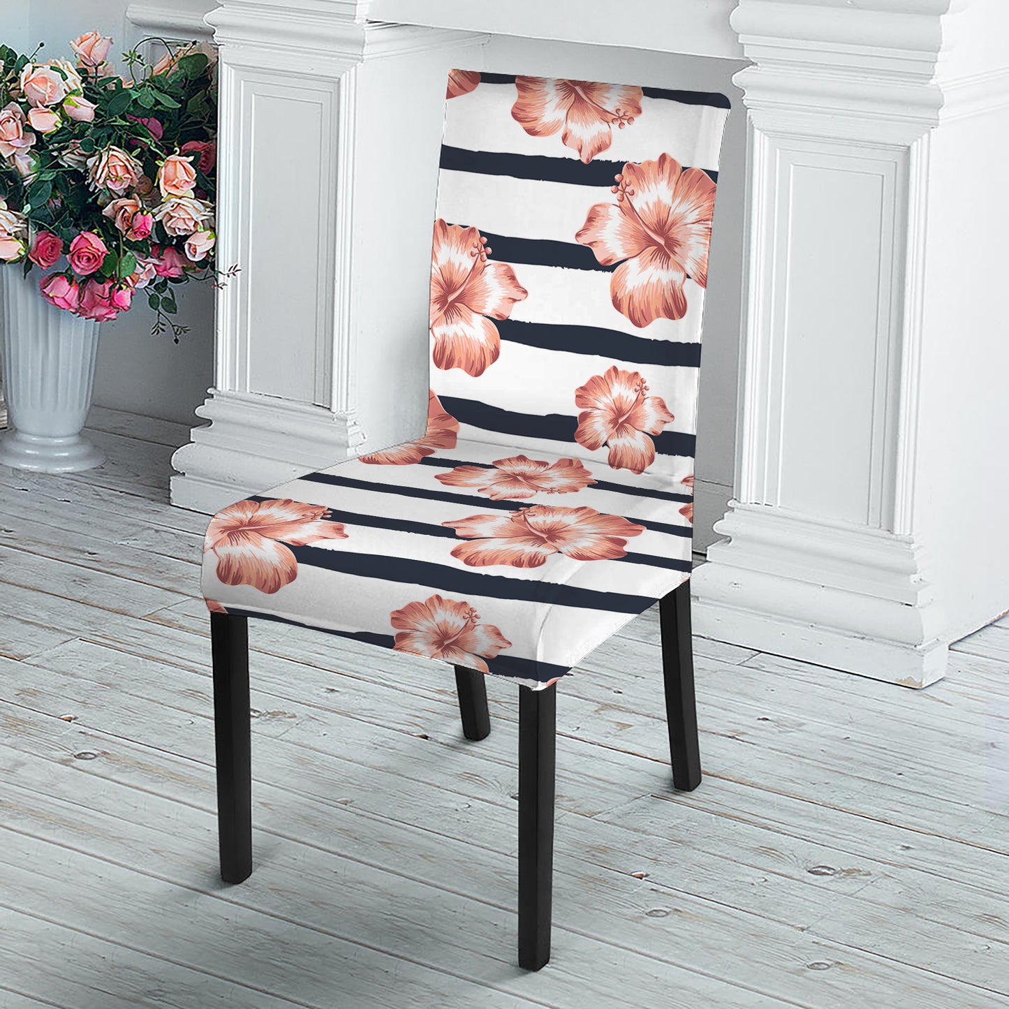 Pink Hibiscus Striped Pattern Print Dining Chair Slipcover