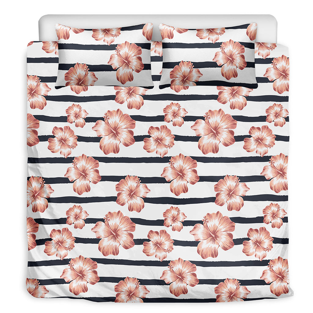 Pink Hibiscus Striped Pattern Print Duvet Cover Bedding Set