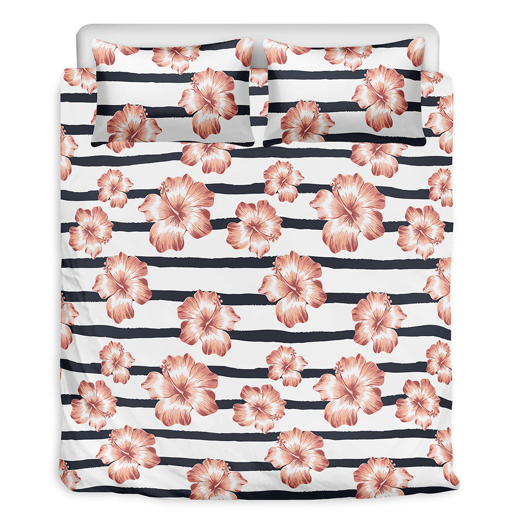 Pink Hibiscus Striped Pattern Print Duvet Cover Bedding Set
