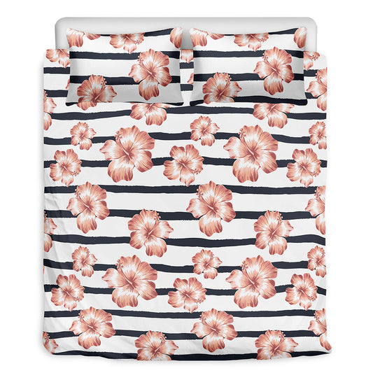 Pink Hibiscus Striped Pattern Print Duvet Cover Bedding Set