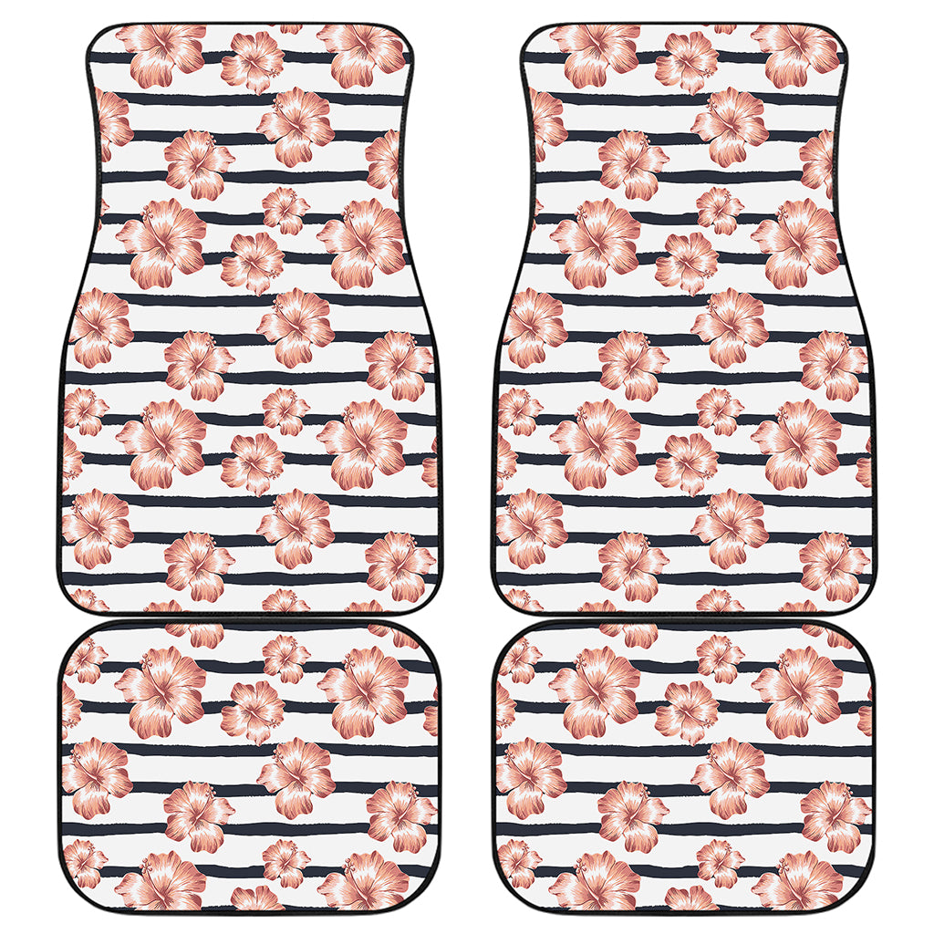 Pink Hibiscus Striped Pattern Print Front and Back Car Floor Mats
