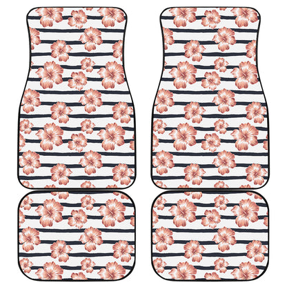 Pink Hibiscus Striped Pattern Print Front and Back Car Floor Mats
