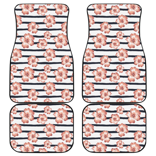 Pink Hibiscus Striped Pattern Print Front and Back Car Floor Mats