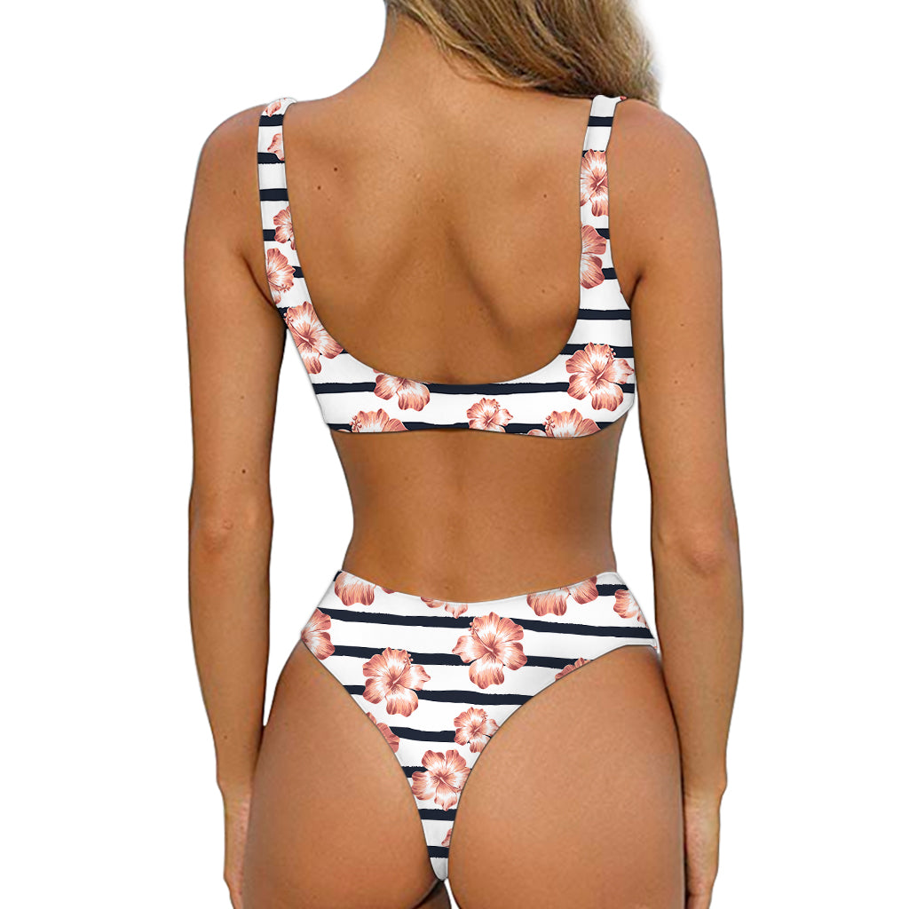 Pink Hibiscus Striped Pattern Print Front Bow Tie Bikini