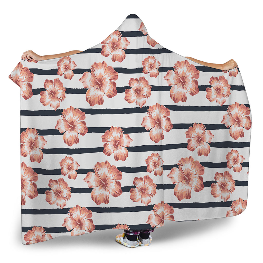 Pink Hibiscus Striped Pattern Print Hooded Blanket