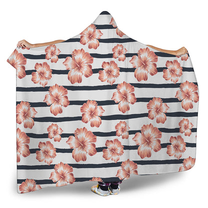 Pink Hibiscus Striped Pattern Print Hooded Blanket