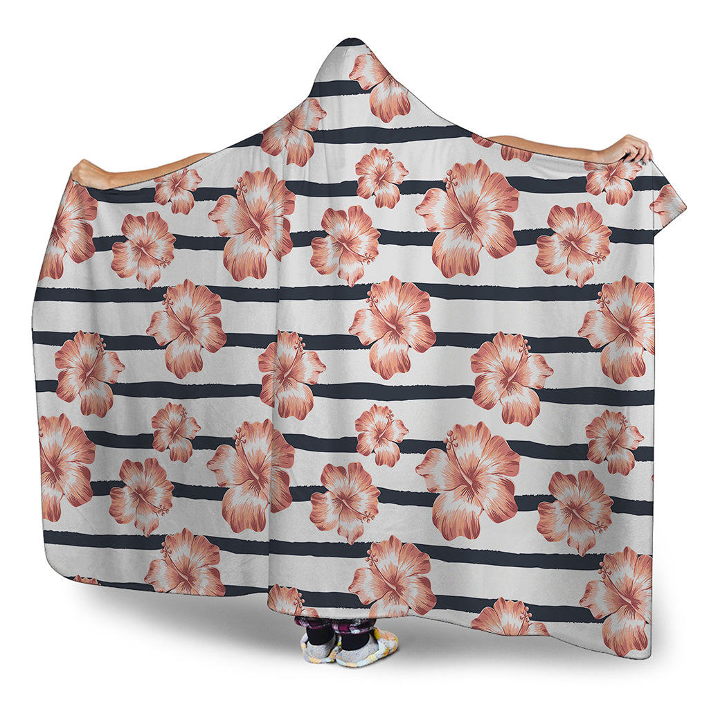 Pink Hibiscus Striped Pattern Print Hooded Blanket