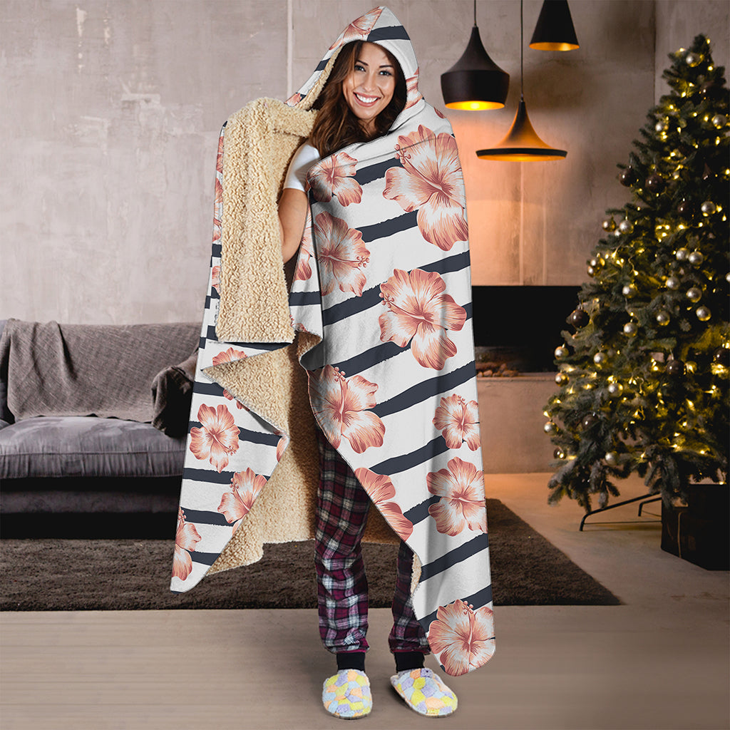 Pink Hibiscus Striped Pattern Print Hooded Blanket