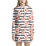 Pink Hibiscus Striped Pattern Print Hoodie Dress