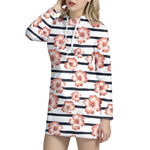Pink Hibiscus Striped Pattern Print Hoodie Dress
