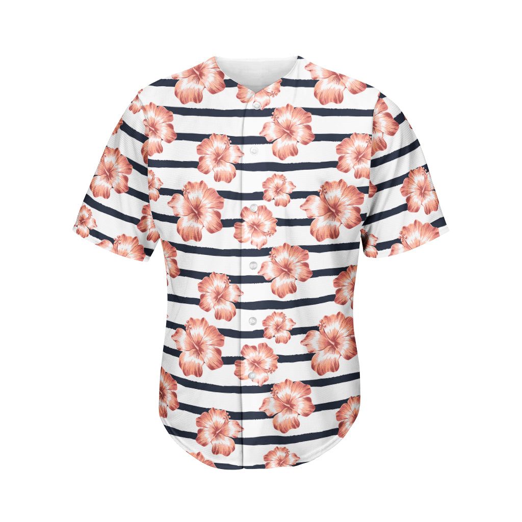 Pink Hibiscus Striped Pattern Print Men's Baseball Jersey