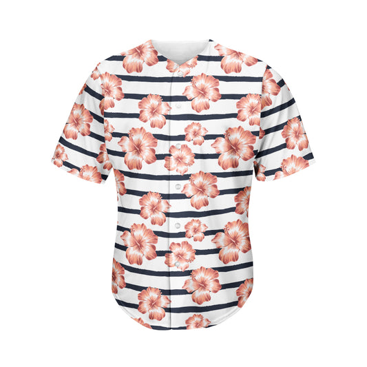 Pink Hibiscus Striped Pattern Print Men's Baseball Jersey