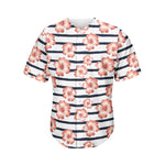 Pink Hibiscus Striped Pattern Print Men's Baseball Jersey