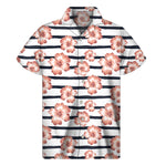 Pink Hibiscus Striped Pattern Print Men's Short Sleeve Shirt
