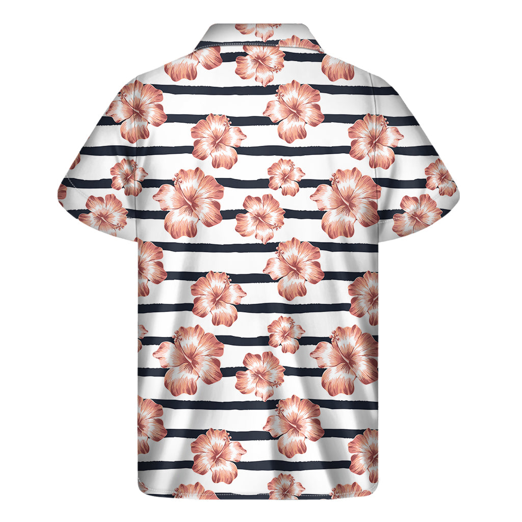 Pink Hibiscus Striped Pattern Print Men's Short Sleeve Shirt