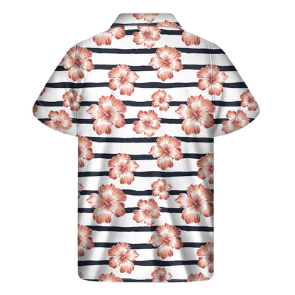 Pink Hibiscus Striped Pattern Print Men's Short Sleeve Shirt