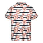 Pink Hibiscus Striped Pattern Print Men's Short Sleeve Shirt