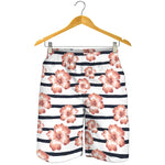 Pink Hibiscus Striped Pattern Print Men's Shorts