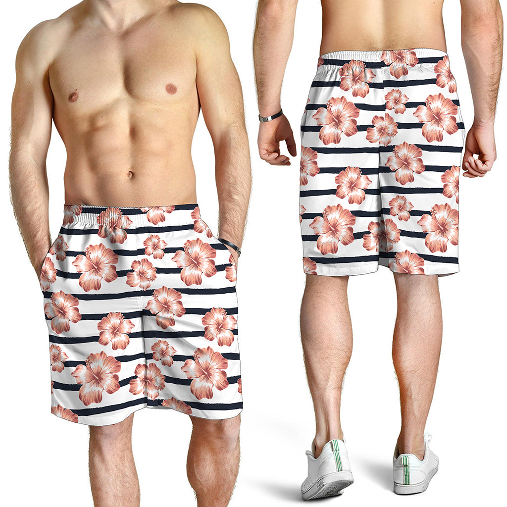 Pink Hibiscus Striped Pattern Print Men's Shorts