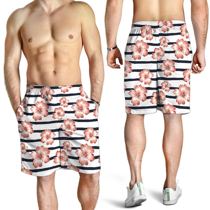 Pink Hibiscus Striped Pattern Print Men's Shorts