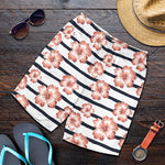 Pink Hibiscus Striped Pattern Print Men's Shorts