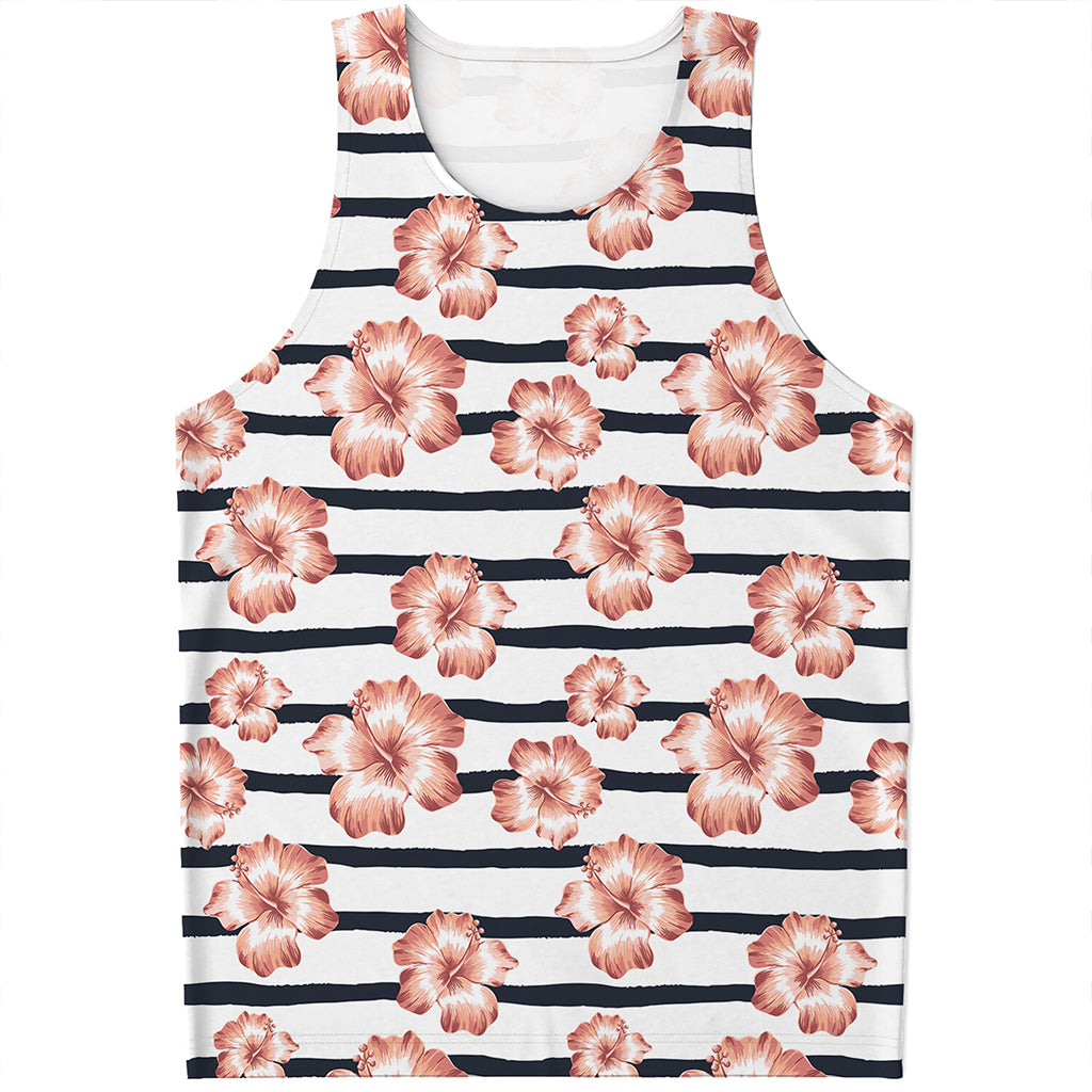 Pink Hibiscus Striped Pattern Print Men's Tank Top