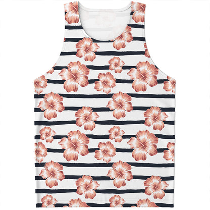 Pink Hibiscus Striped Pattern Print Men's Tank Top