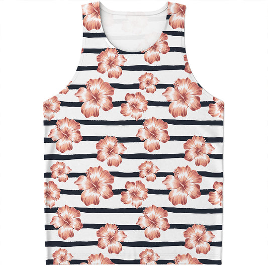 Pink Hibiscus Striped Pattern Print Men's Tank Top