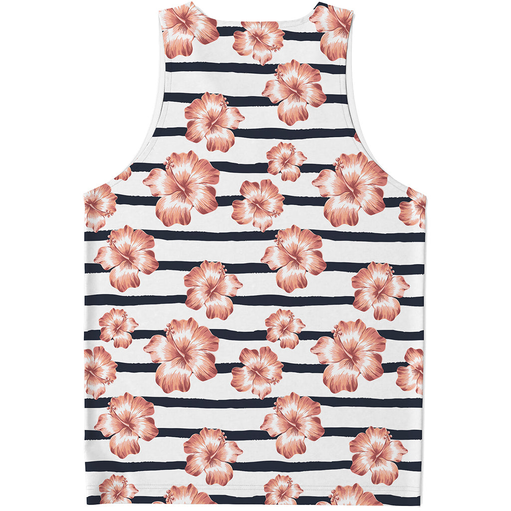 Pink Hibiscus Striped Pattern Print Men's Tank Top