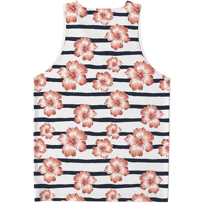 Pink Hibiscus Striped Pattern Print Men's Tank Top