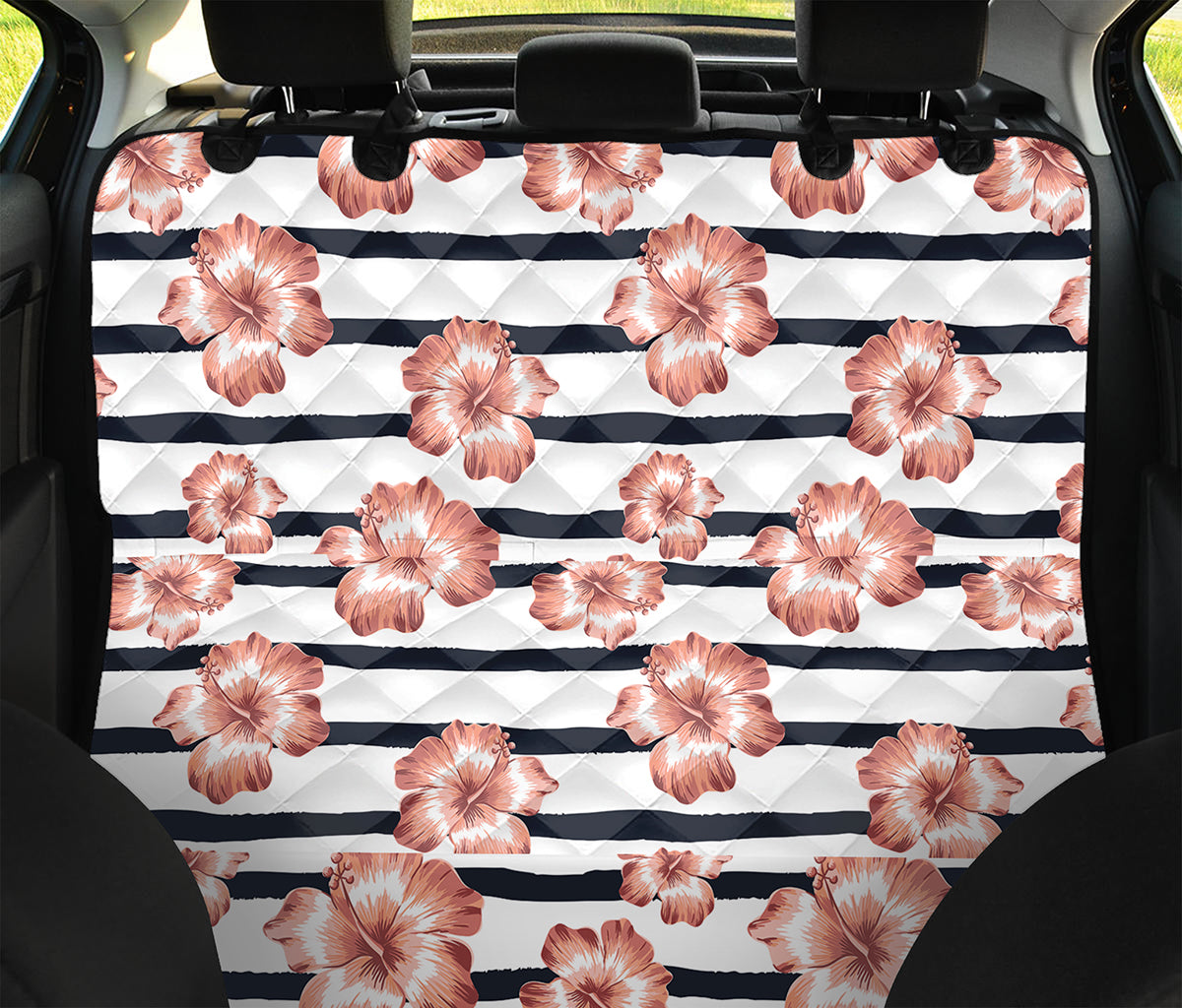 Pink Hibiscus Striped Pattern Print Pet Car Back Seat Cover