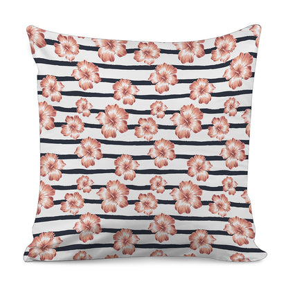 Pink Hibiscus Striped Pattern Print Pillow Cover