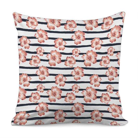 Pink Hibiscus Striped Pattern Print Pillow Cover