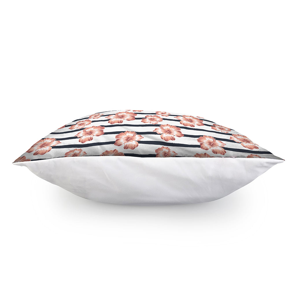 Pink Hibiscus Striped Pattern Print Pillow Cover