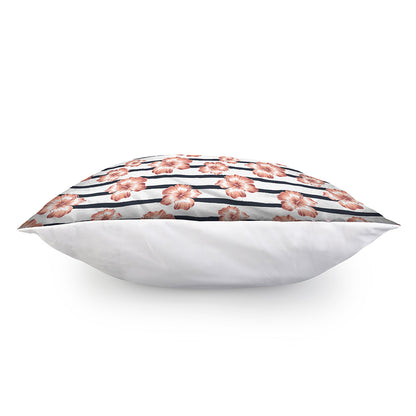 Pink Hibiscus Striped Pattern Print Pillow Cover