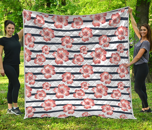 Pink Hibiscus Striped Pattern Print Quilt