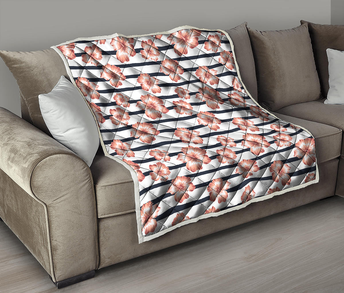Pink Hibiscus Striped Pattern Print Quilt