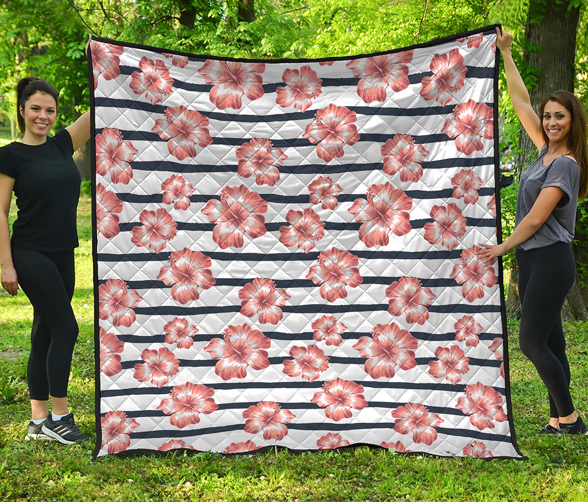 Pink Hibiscus Striped Pattern Print Quilt