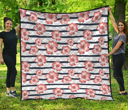 Pink Hibiscus Striped Pattern Print Quilt