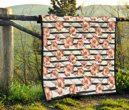 Pink Hibiscus Striped Pattern Print Quilt