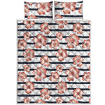 Pink Hibiscus Striped Pattern Print Quilt Bed Set