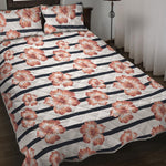 Pink Hibiscus Striped Pattern Print Quilt Bed Set