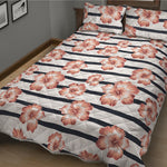 Pink Hibiscus Striped Pattern Print Quilt Bed Set