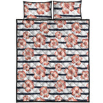 Pink Hibiscus Striped Pattern Print Quilt Bed Set