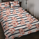 Pink Hibiscus Striped Pattern Print Quilt Bed Set