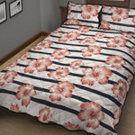 Pink Hibiscus Striped Pattern Print Quilt Bed Set
