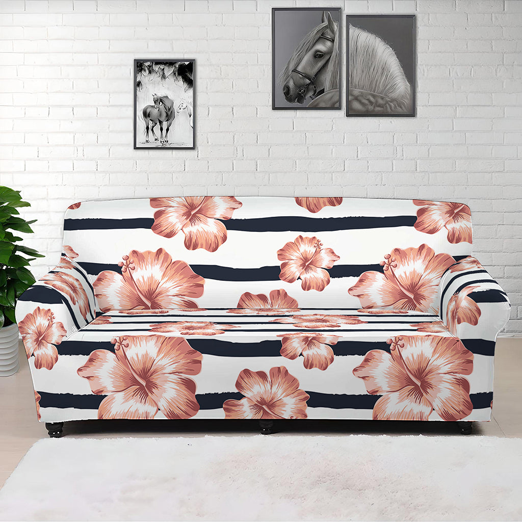 Pink Hibiscus Striped Pattern Print Sofa Cover