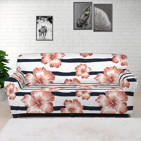 Pink Hibiscus Striped Pattern Print Sofa Cover
