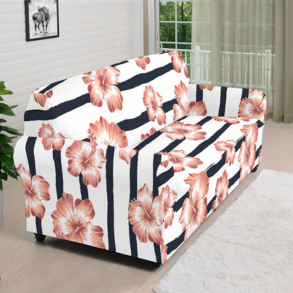 Pink Hibiscus Striped Pattern Print Sofa Cover